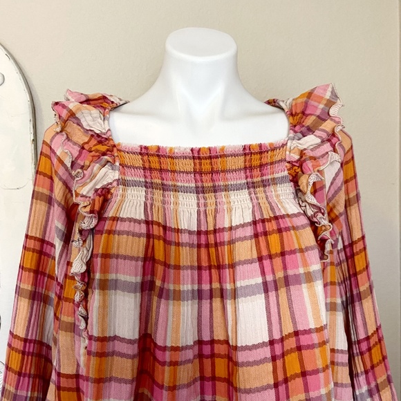 Free People | Womens Pink/Orange Plaid Ruffle Long Sleeve Smock Tie Back Top - Picture 2 of 10